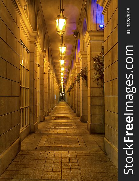 Lighted corridor into the night. Lighted corridor into the night