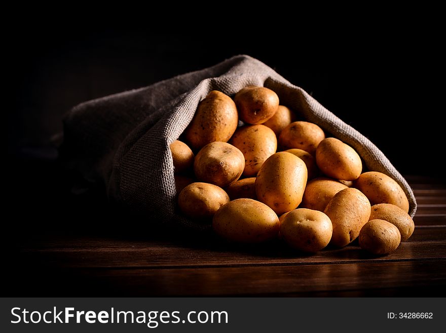 Selective Raw Potato In Linen Bag On Table