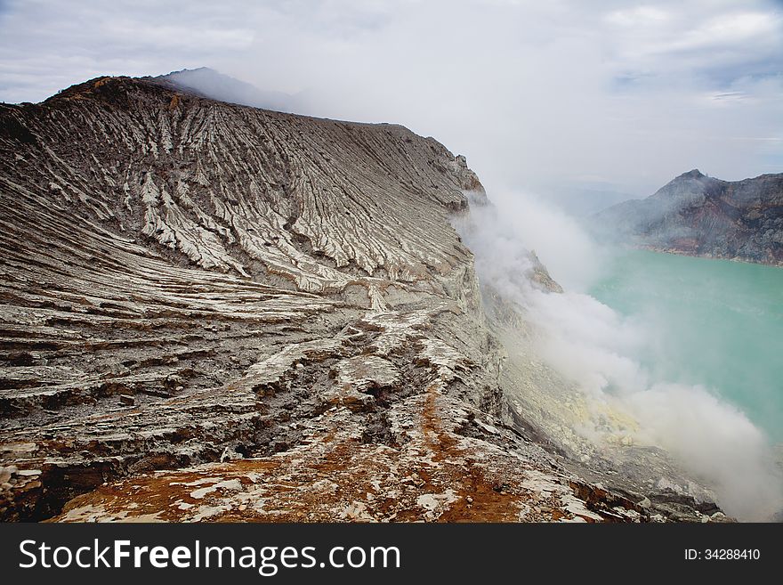 Extracting sulphur inside Kawah Ijen crater, Indonesia