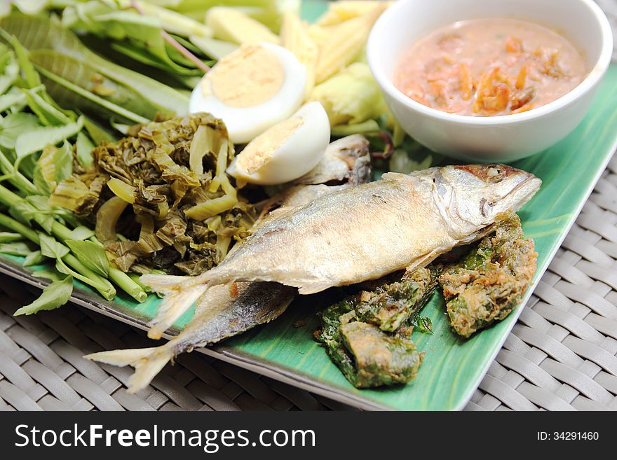 Fried Mackerel Fish,chili Sauce And Fried Vegetable