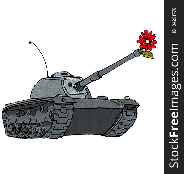 Old tank with a flower in gun muzzle. Old tank with a flower in gun muzzle