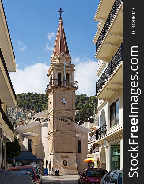 Streets Of Zakynthos, Greece. The Christian Church clock