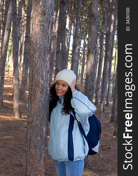 Beautiful winter girl in blue jacket