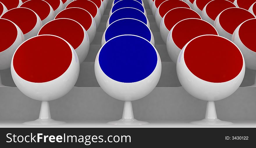 3d rendering illustration of red and blue chairs.