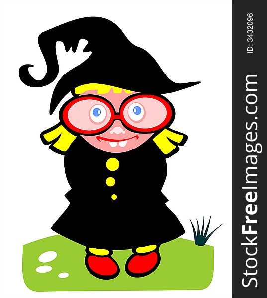 The amusing little girl in a suit of a witch on a white background. Halloween illustration. The amusing little girl in a suit of a witch on a white background. Halloween illustration.