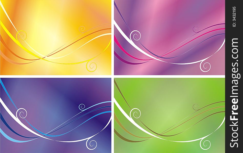 Four variants of a pattern from lines and waves of different color on orange, pink, green and a blue background. Four variants of a pattern from lines and waves of different color on orange, pink, green and a blue background