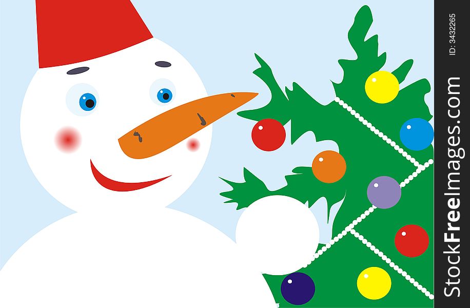 Figure of snowmen about the christmas fur-tree decorated by spheres on a blue background. Figure of snowmen about the christmas fur-tree decorated by spheres on a blue background