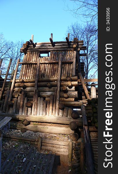 Reconstruction of the ancient wooden tower of 12th century. Reconstruction of the ancient wooden tower of 12th century