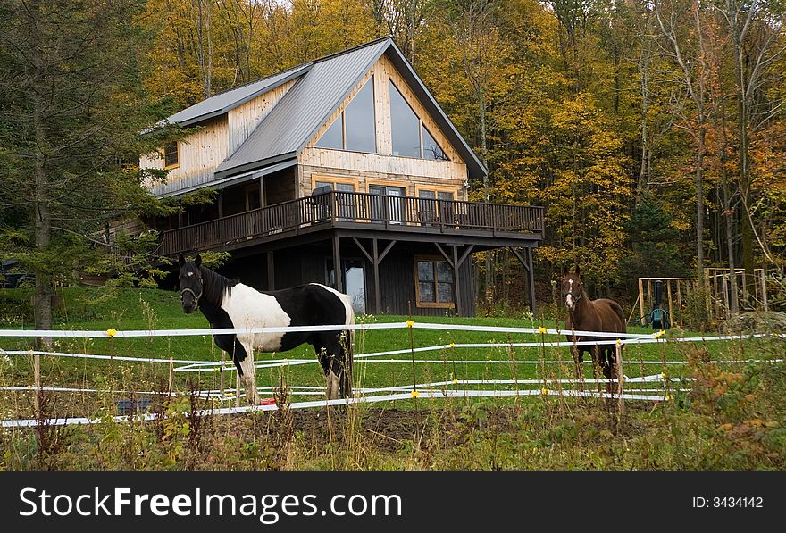 Gorgeous mountain cottage with two horses in the foreground. Gorgeous mountain cottage with two horses in the foreground