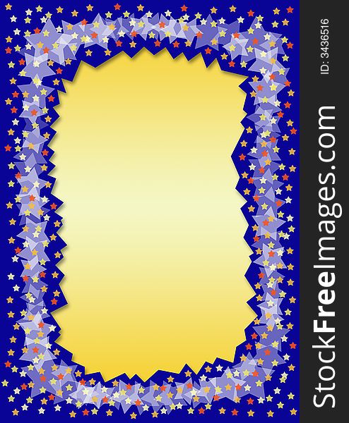 Blue frame with a border out of many little stars in different colors and a gradient jagged  frame in the middle for filling with text. Blue frame with a border out of many little stars in different colors and a gradient jagged  frame in the middle for filling with text