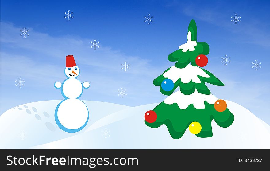 Figure of the snowball going on snowdrifts to a christmas fur-tree, decorated by spheres. Figure on a background of the blue sky with clouds and snowflakes