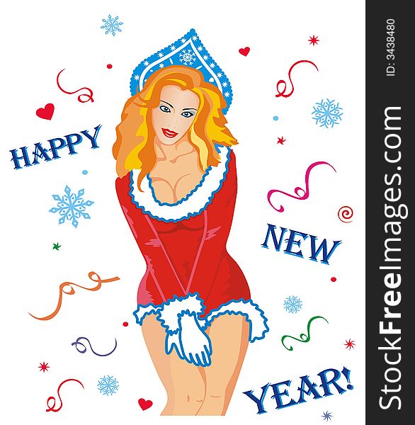 Vector illustration of Snow Maiden with confetti and snowflakes.