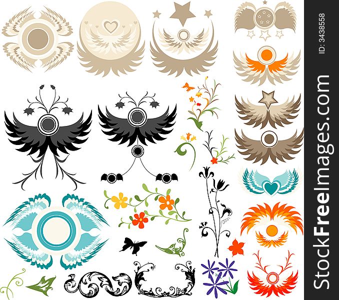 Collection of flying elements and flowers. Collection of flying elements and flowers