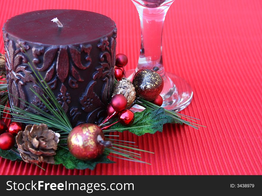 Christmas Table setting with candle and wine glass. Christmas Table setting with candle and wine glass