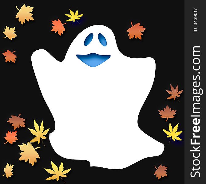 Friendly Halloween 3d ghost with colorful autumn leaves. Friendly Halloween 3d ghost with colorful autumn leaves