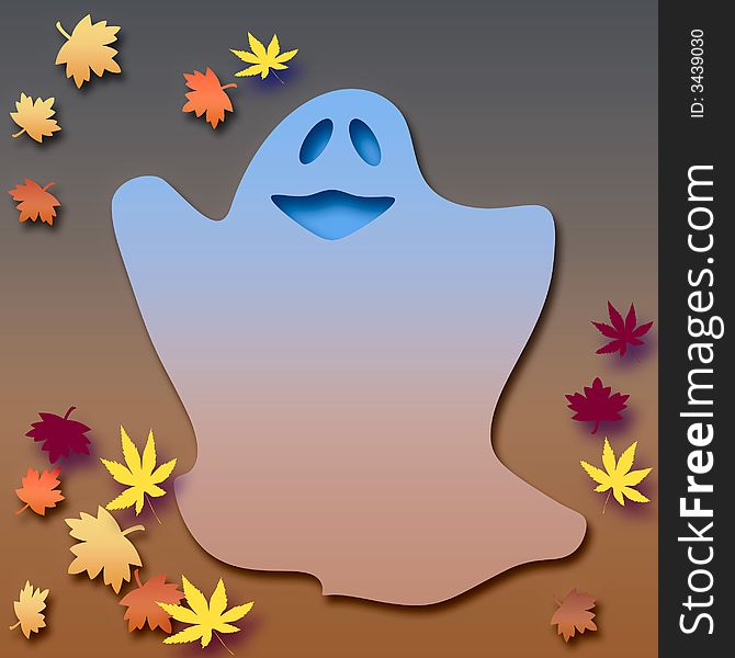 Friendly Halloween 3d ghost with colorful autumn leaves. Friendly Halloween 3d ghost with colorful autumn leaves