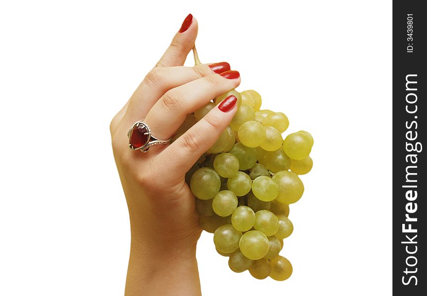 Grapewine in the lady's hand isolated