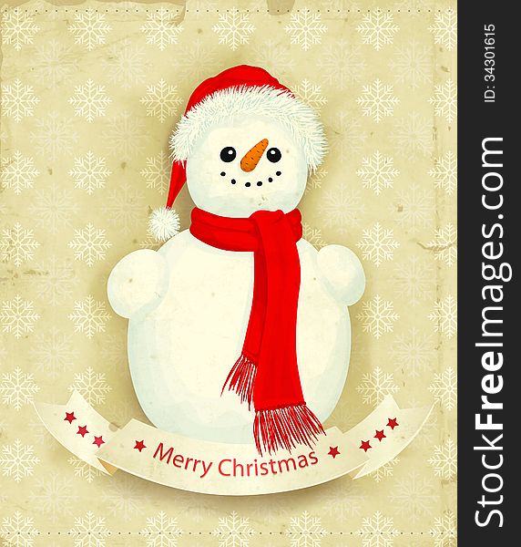 Snowman with shawl and Christmas hat on patterned background with snowflakes, Christmas background with space for text