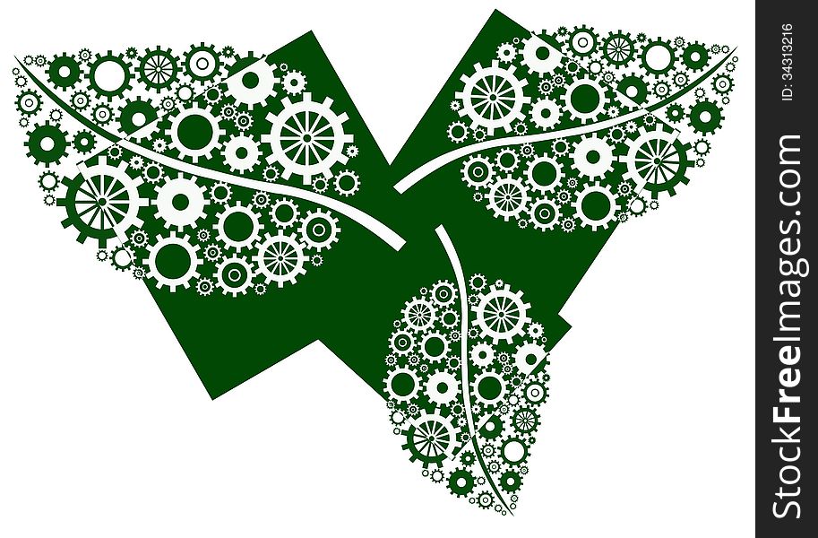 A green leaf shape with green gears ing three green boxes. A green leaf shape with green gears ing three green boxes.