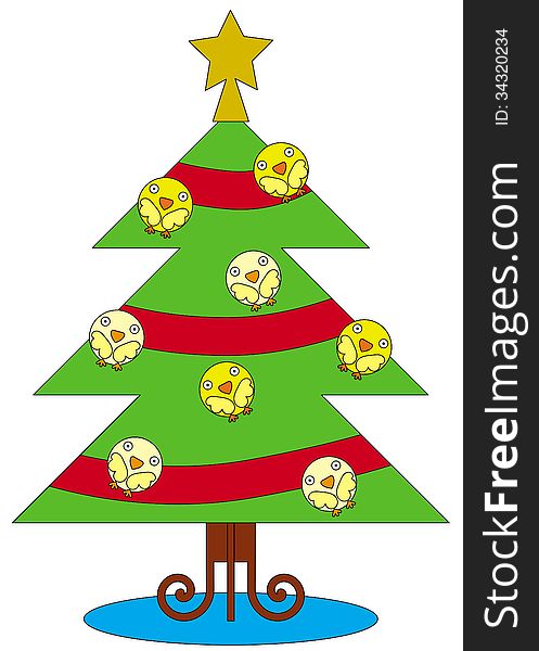 A group of birds in a Christmas tree. A group of birds in a Christmas tree