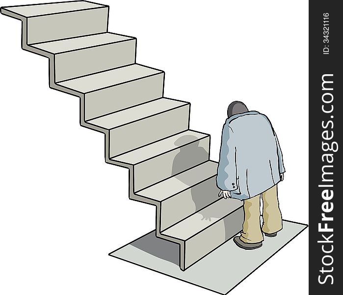 Burdened man facing ascending steps. Burdened man facing ascending steps