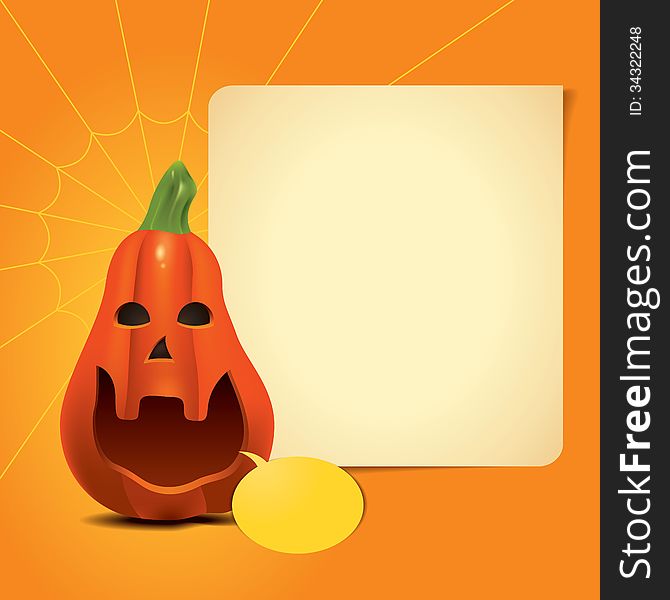 Orange pumpkin with empty list and text bubble on coloured background. Orange pumpkin with empty list and text bubble on coloured background.