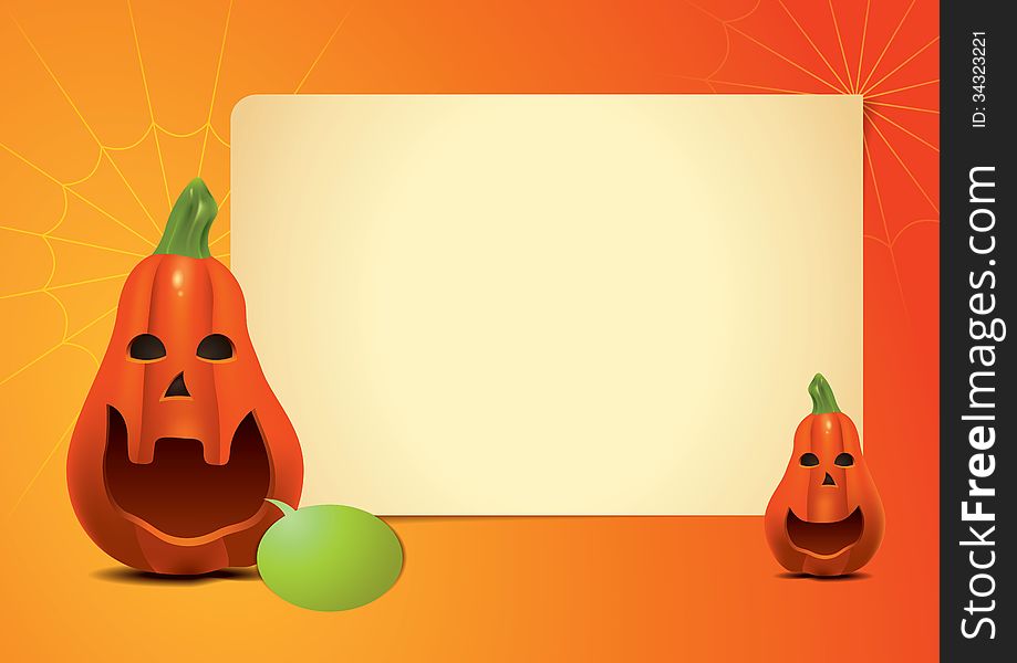 Orange pumpkin with empty list and text bubble on coloured background. Orange pumpkin with empty list and text bubble on coloured background.