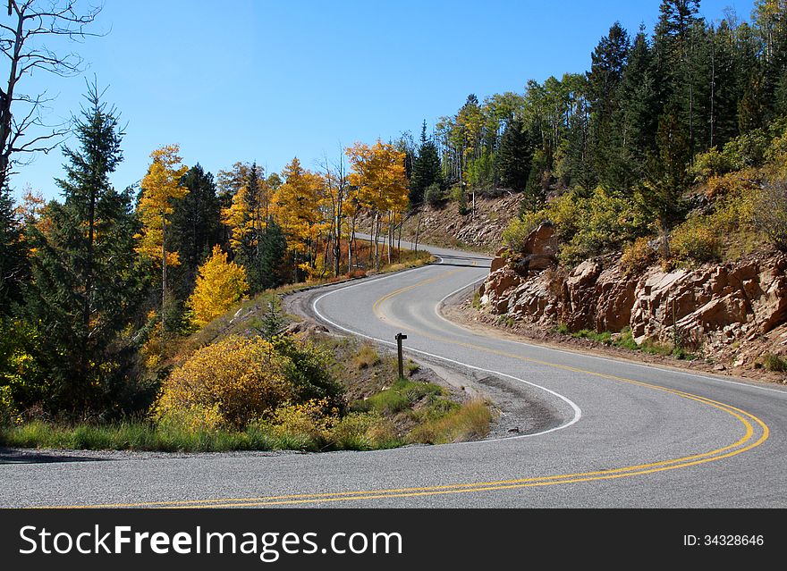 Mountain road located in the Sangre De Cristo Mountains, in New Mexico.