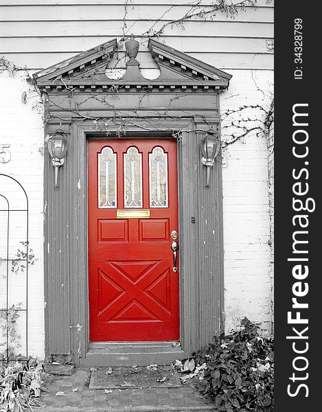 Red door with black and white background