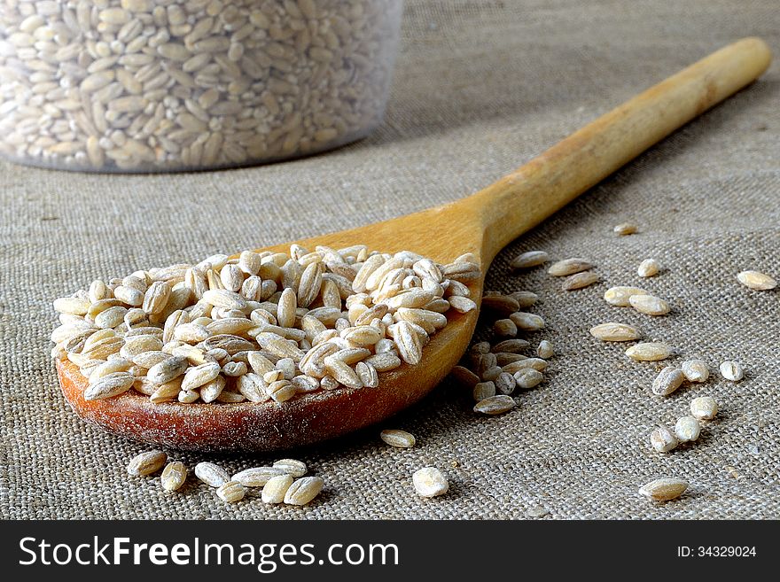 Pearl barley in a wooden spoon