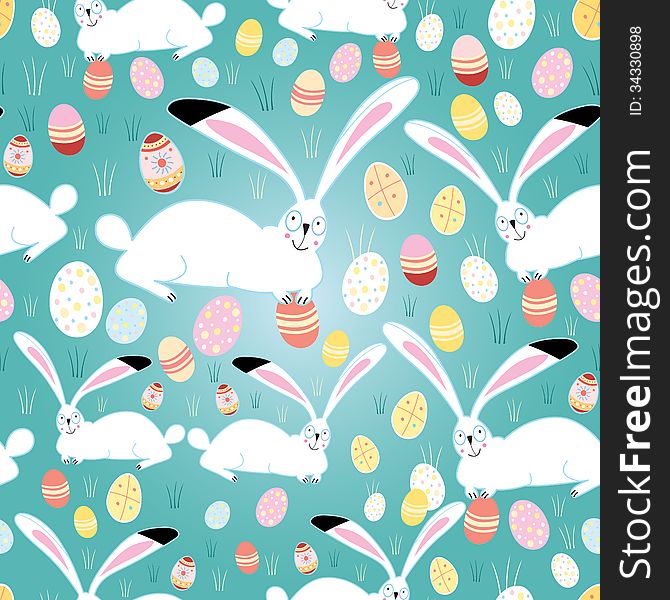 Funny seamless pattern with Easter bunnies and eggs on a green background. Funny seamless pattern with Easter bunnies and eggs on a green background