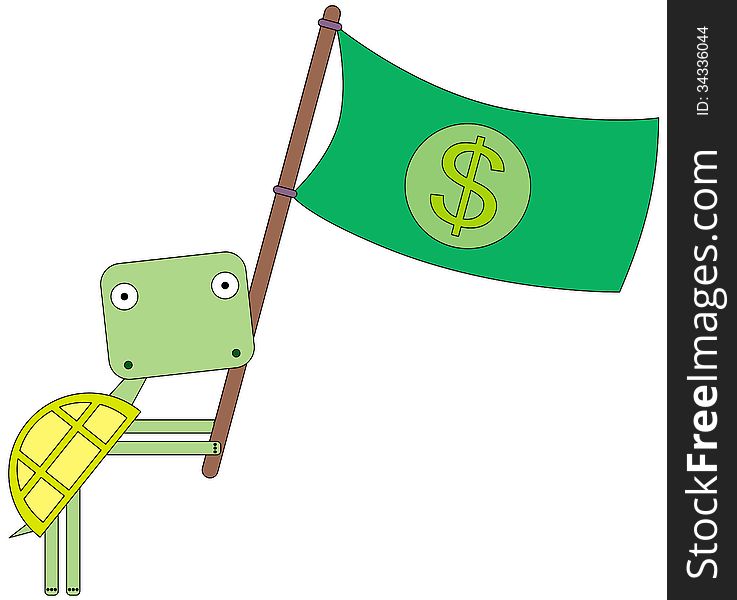 A turtle carrying a flag made up of a dollar bill. A turtle carrying a flag made up of a dollar bill