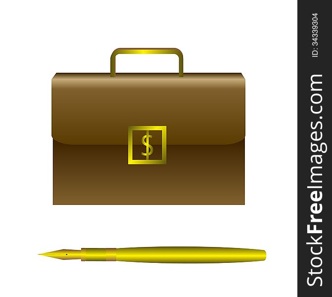Business objects . gold pen and a brief case