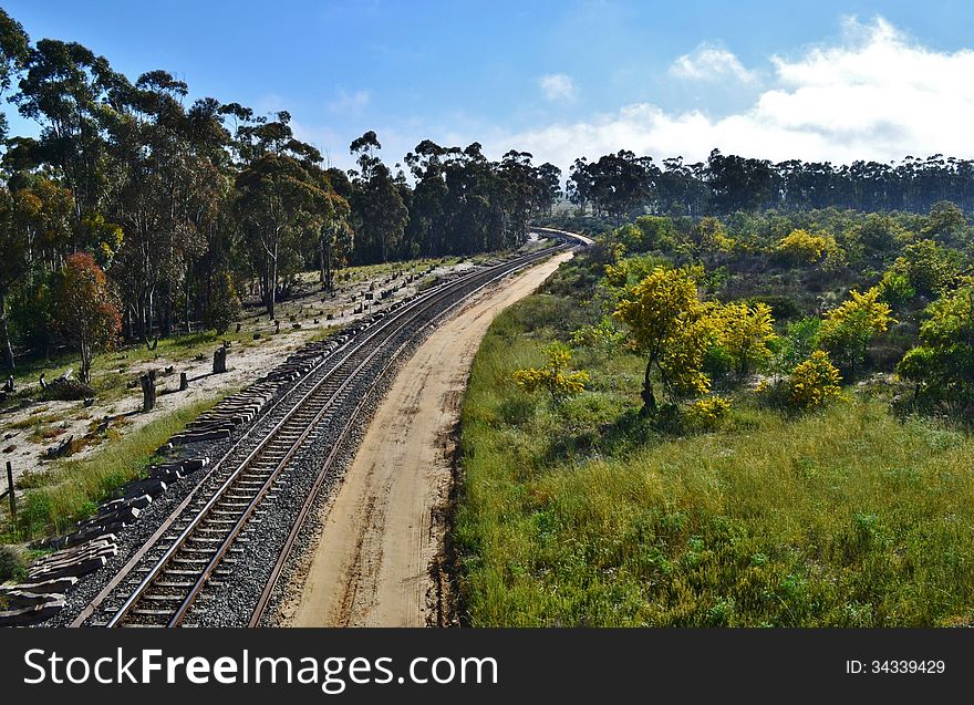 Landscape with railway tracks through rural area