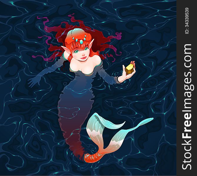 Mermaid in the water with a piece of gold. Vector illustration