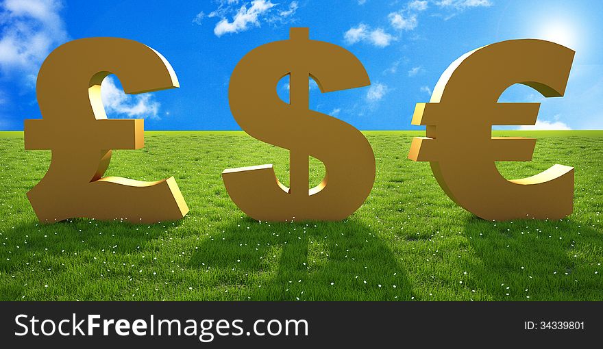 Money sign text on green grass and sky