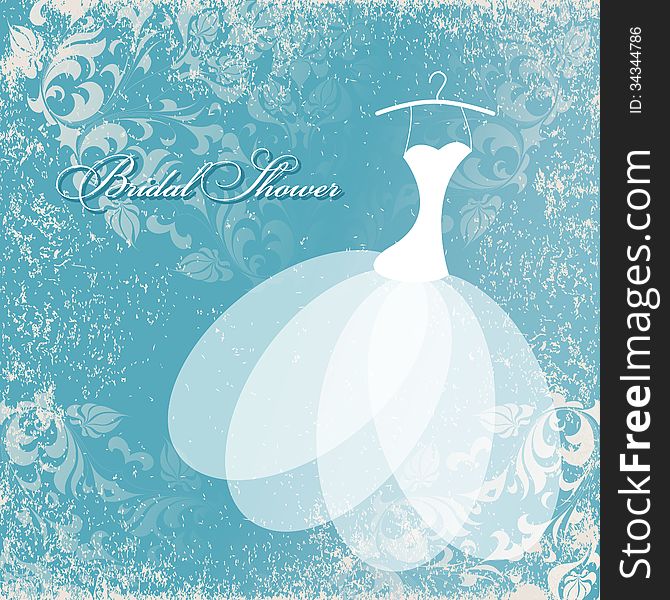 Beautiful invitation card with wedding dress on hangers , vintage floral elements on grunge textured paper.Vector illustration. Background and dress are in the separate layers for easy editing.