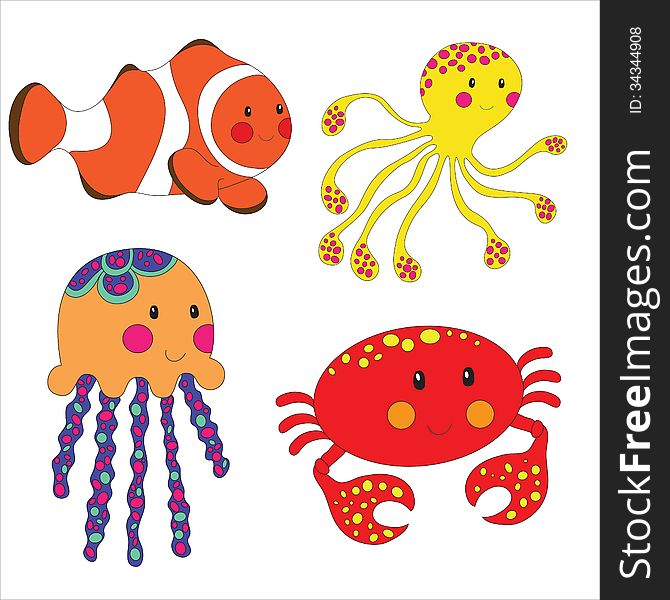 Set Of Cartoon Sea Creatures