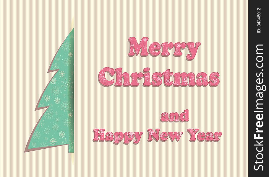 Merry Christmas Greeting Card whith snowflakes and christmas tree.