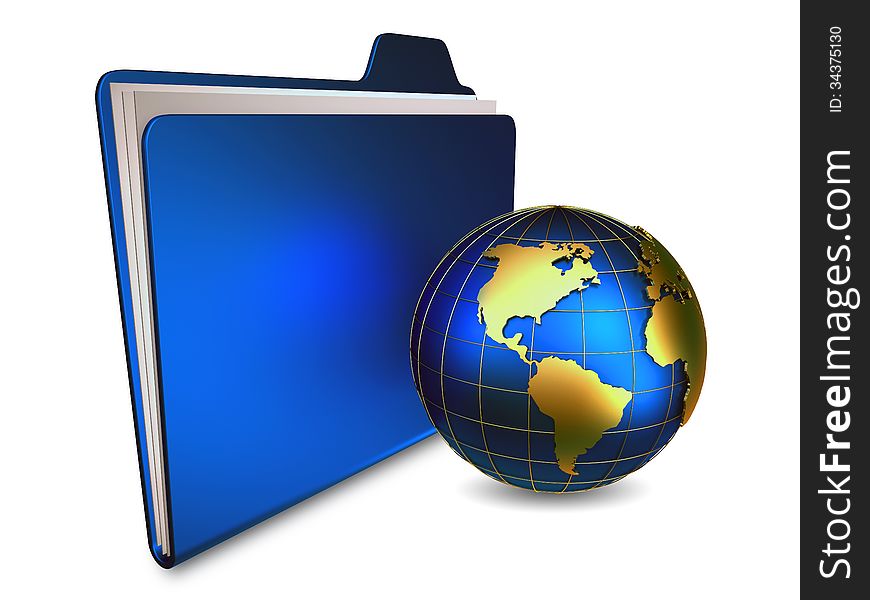 Blue folder with sheets of paper and a globe. Blue folder with sheets of paper and a globe