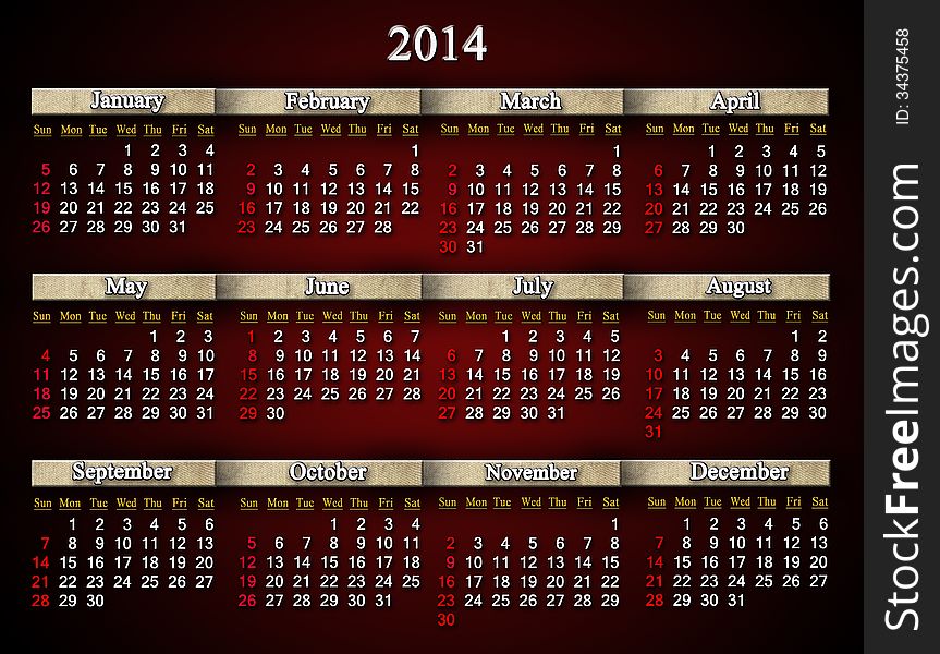 Beautiful claret and unusual calendar for 2014 year in English. Beautiful claret and unusual calendar for 2014 year in English