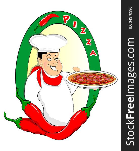 Frame with cartoon chef holding a pizza in his hand. Frame with cartoon chef holding a pizza in his hand