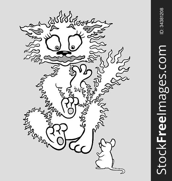 Vector black-and-white illustration of the cat who was frightened of a mouse. Vector black-and-white illustration of the cat who was frightened of a mouse
