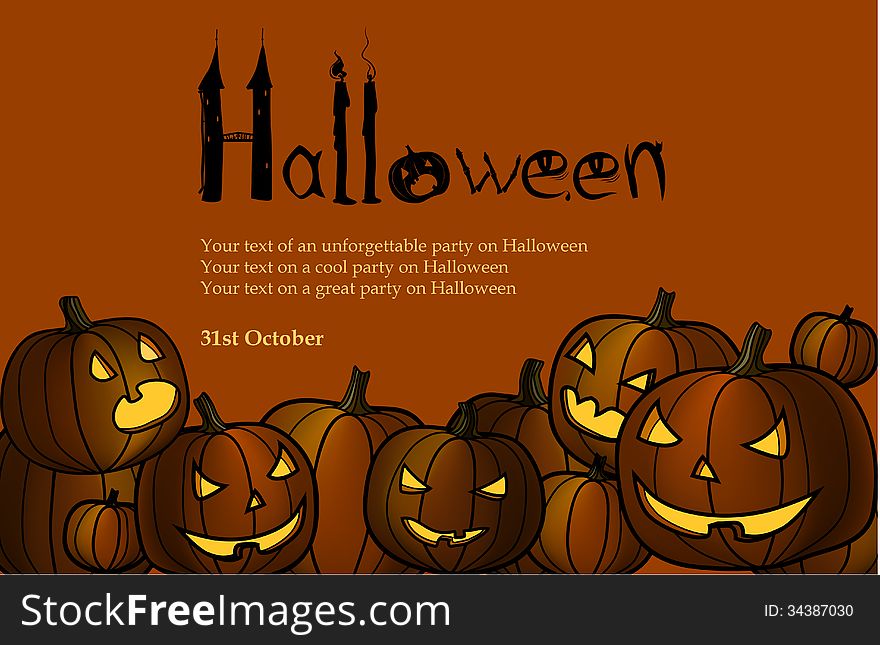 Invitation to halloween with evil pumpkins, orange background