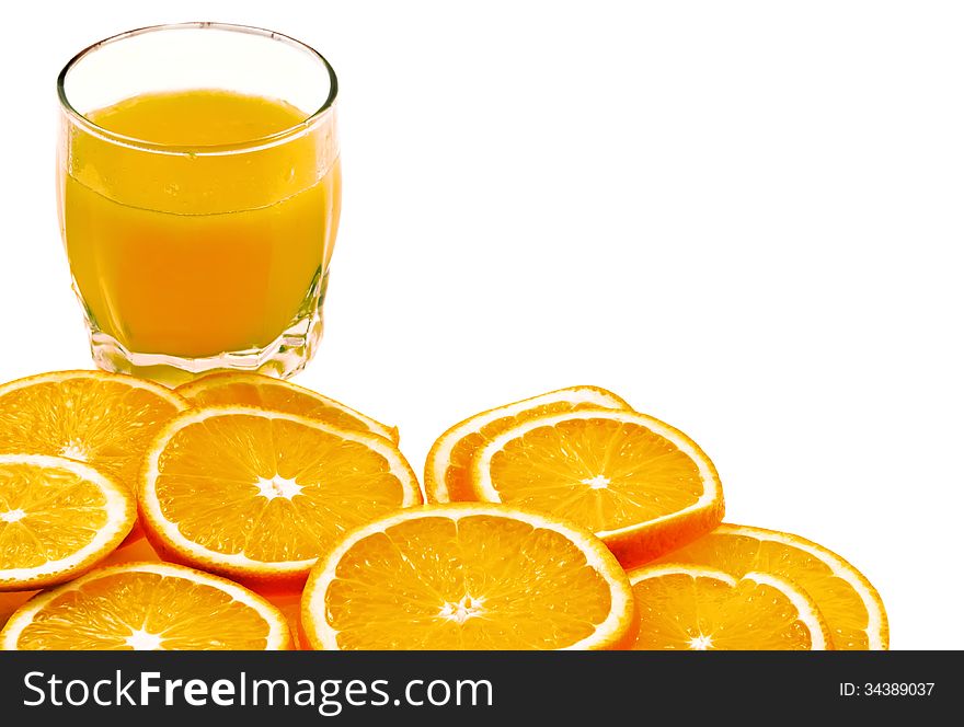 Fresh orange juice and oranges fruits isolated on white