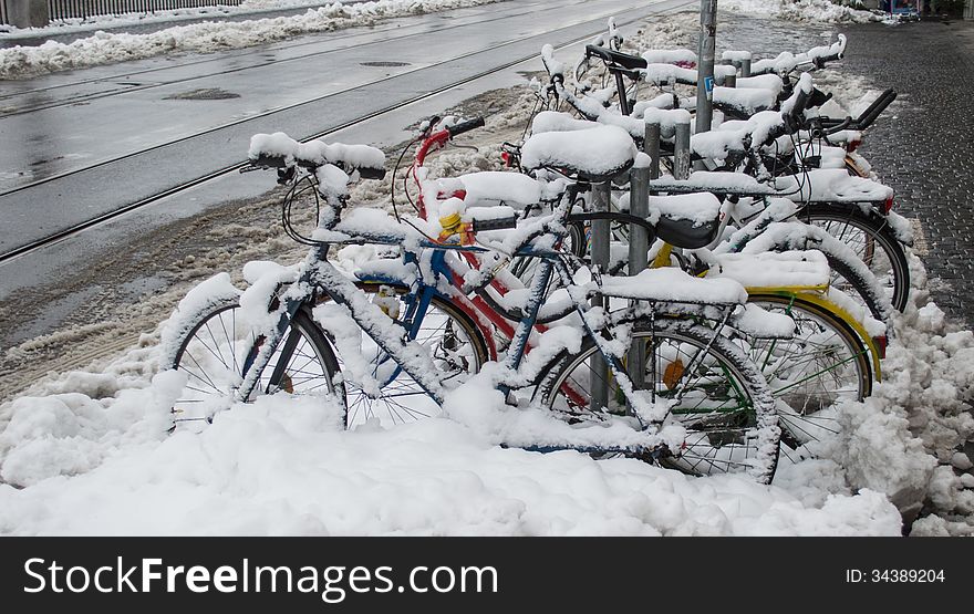 Bike covered with snow in Zurich