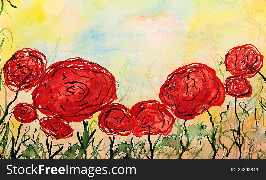 Abstract watercolor red flower background.