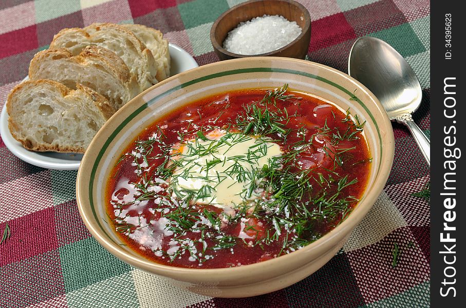 Ukrainian national red soup closeup