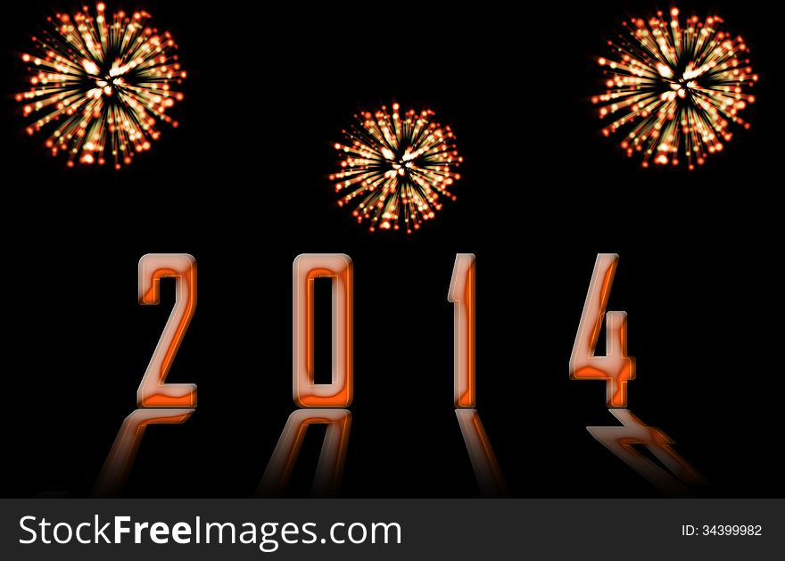 Happy new year 2014 with fireworks in the sky isolated on black background