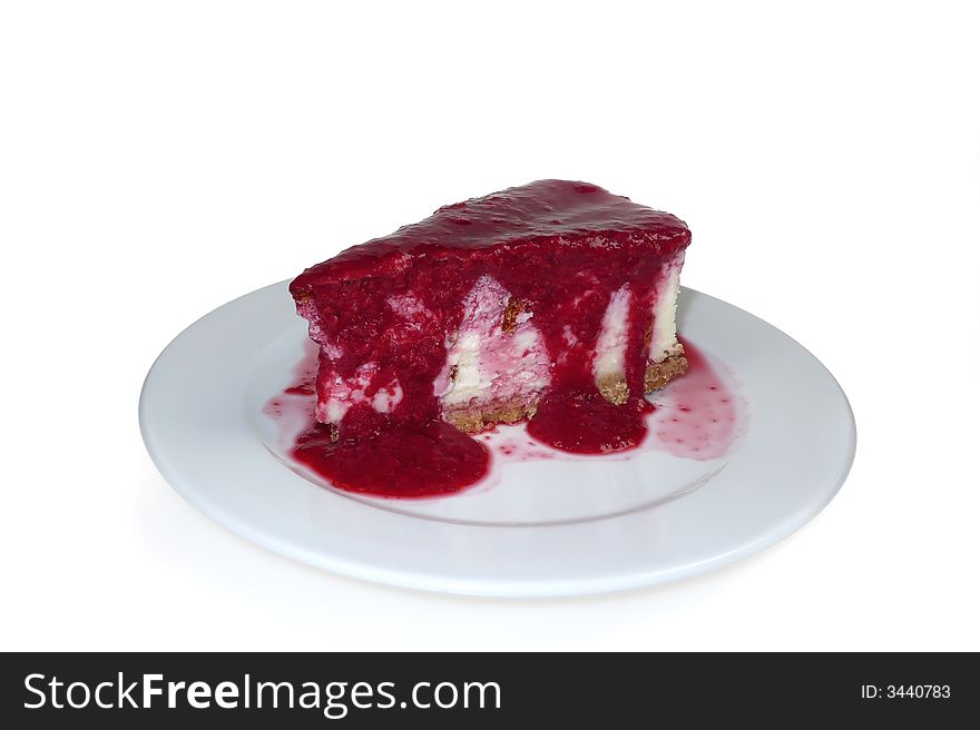 Delicious strawberry cheese cake on white plate. Delicious strawberry cheese cake on white plate